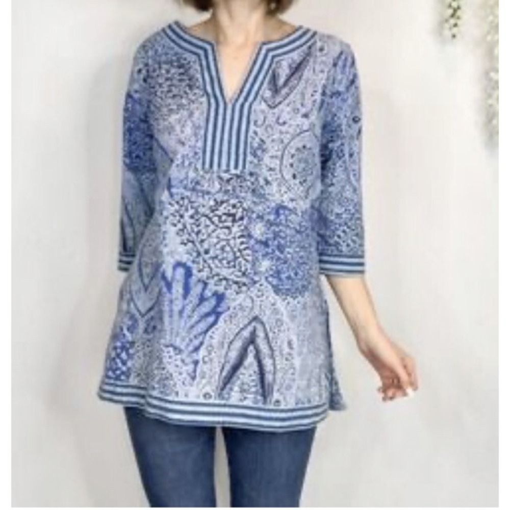Gretchen Scott Womens Small Blue White Batik Shell Print V-Neck Tunic Top Blouse